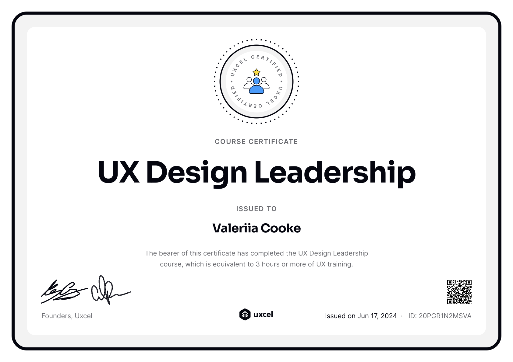 Valeriia Cooke's certificate
